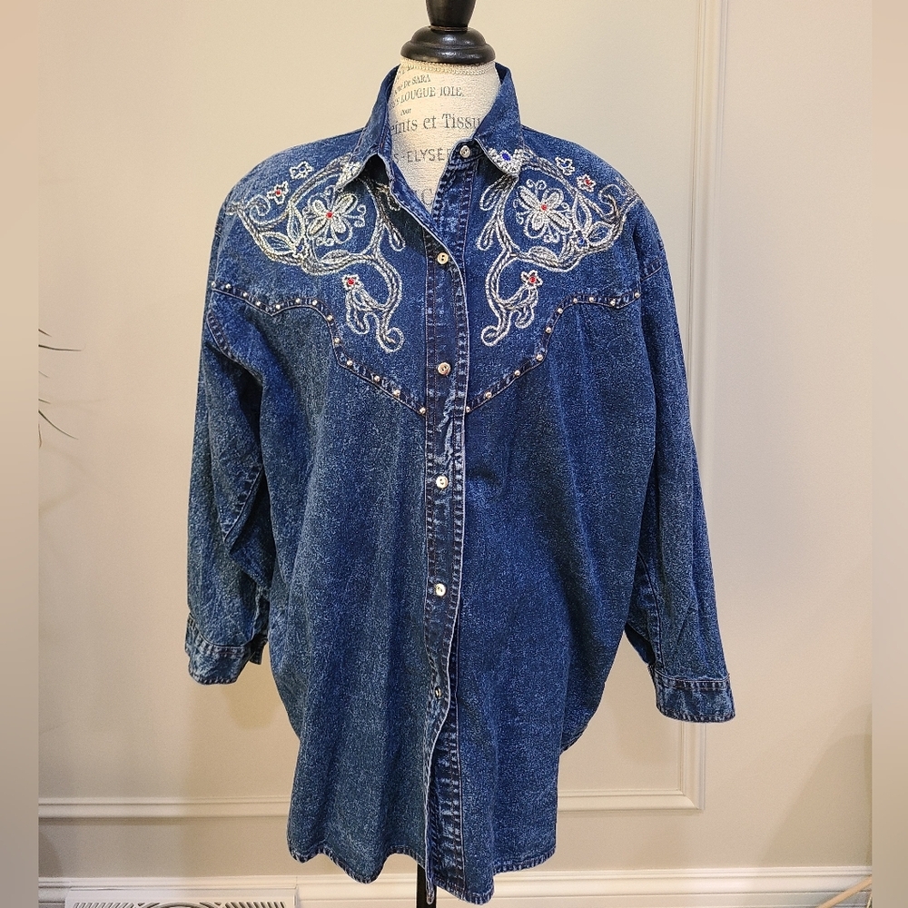 Vintage Brelly Bleu II Embroidered Denim Shirt Sz.1X Women's